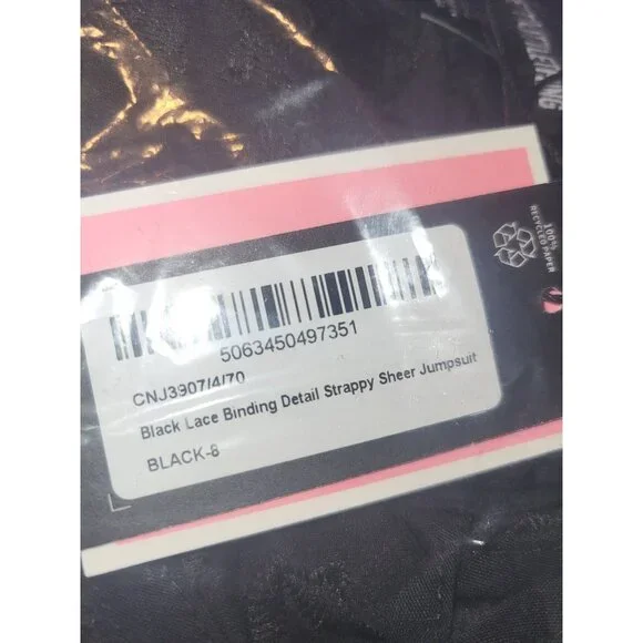 PrettyLittleThing Black Lace Binding Detail Strappy Sheer Jumpsuit Size 4 - Picture 7 of 8